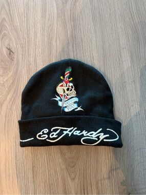 Ed Hardy Black Beanie with Multicolor Skull & Dagger Embroidery